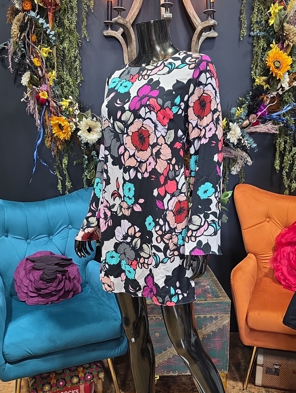 Express Black Floral Mini Dress w/ Open Back Design.